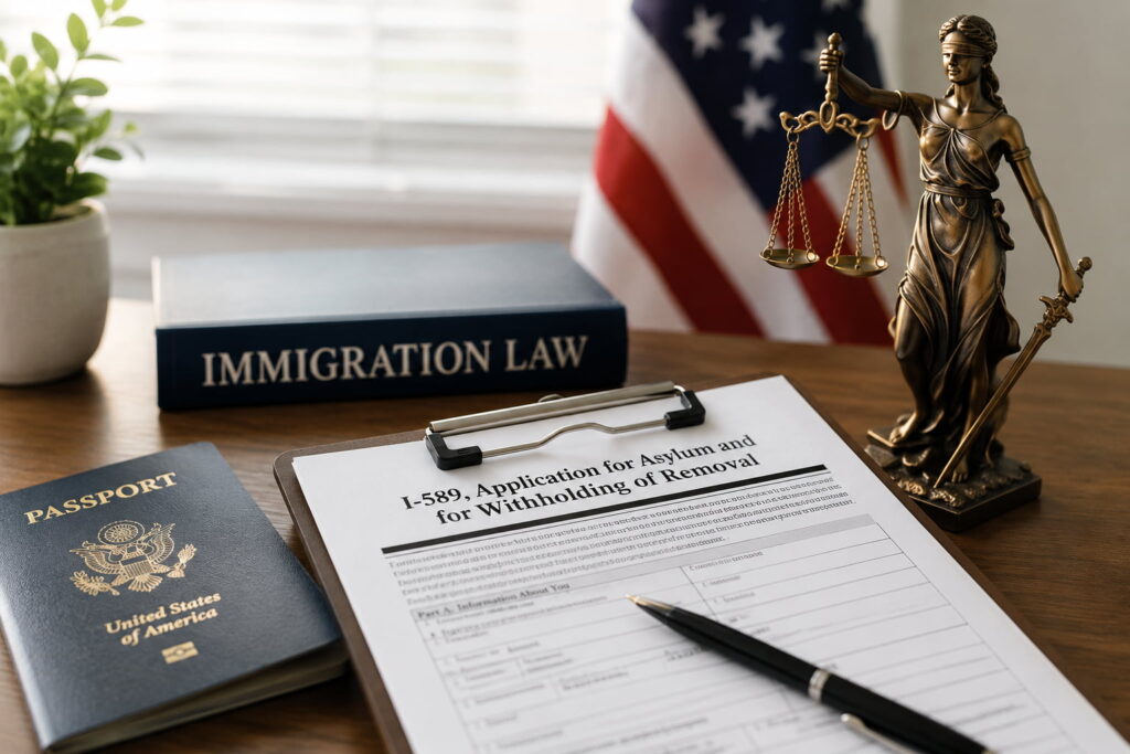 Formulario de solicitud de asilo en Estados Unidos junto a un pasaporte y documentos legales sobre un escritorio de oficina.