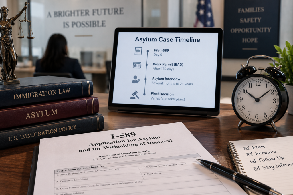 Hyper-realistic asylum case timeline in a law office showing the I-589, work permit waiting period, asylum interview, and final decision.