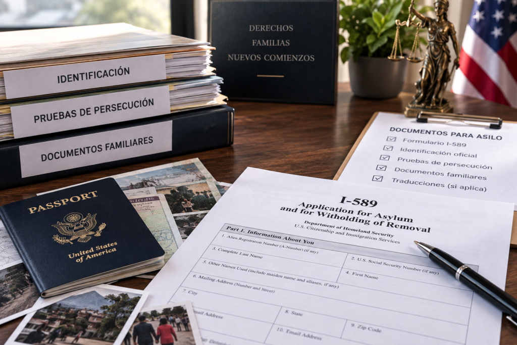 Hyper-realistic asylum document preparation scene with an I-589 form, passport, persecution evidence, family documents, and certified translation checklist