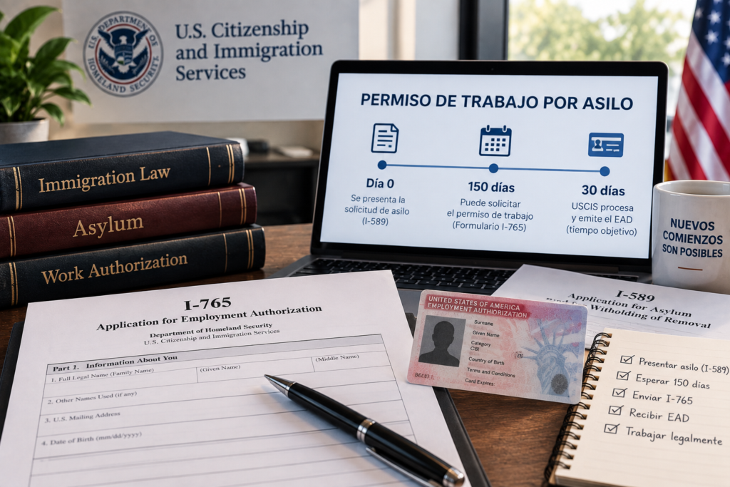 Hyper-realistic asylum work permit scene featuring Form I-765, an EAD card, Form I-589, and a 150-day application timeline.