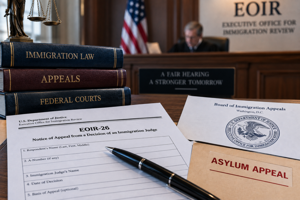 asylum appeal scene with an EOIR-26 form, Board of Immigration Appeals documents, immigration law books, and a courtroom setting.