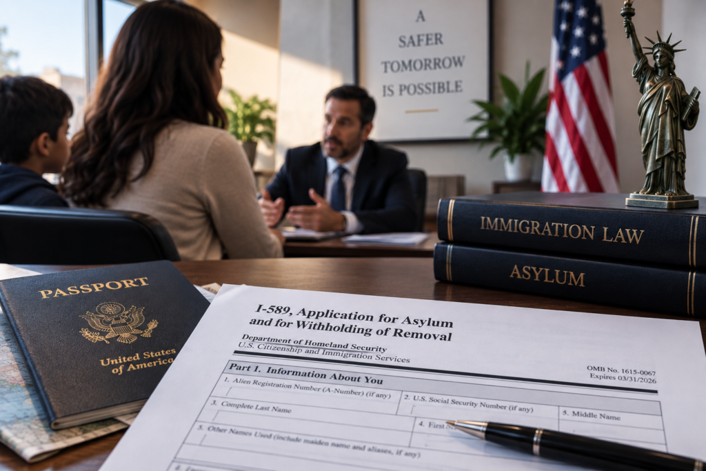 asylum consultation with an immigration lawyer, I-589 application, U.S. passport, legal books, American flag, and family in the background.