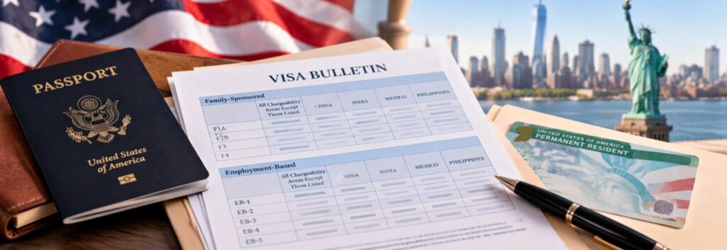 Boletín de visas con tablas de familia y empleo, pasaporte y green card