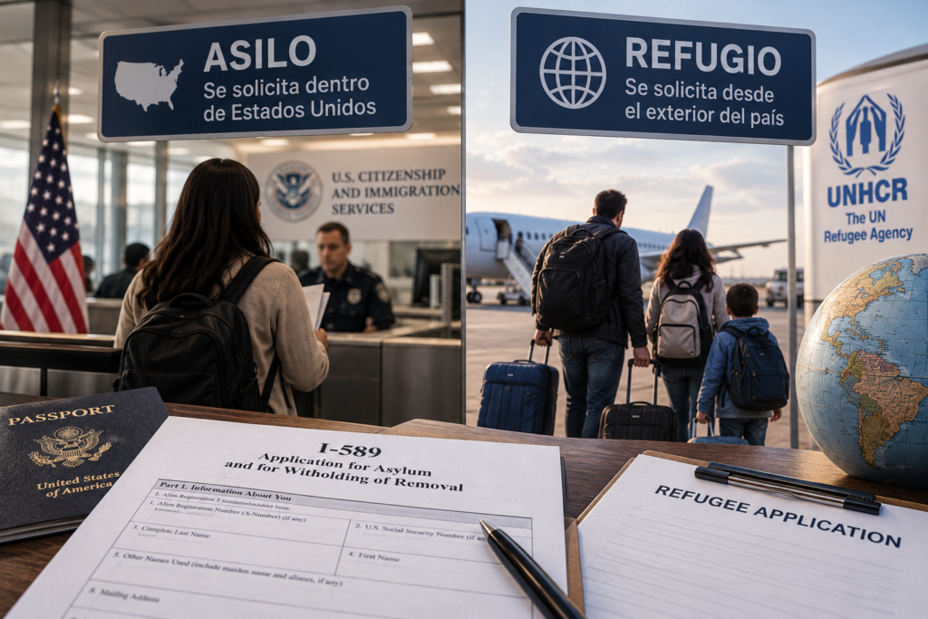 comparison of asylum and refugee pathways, showing U.S. immigration documents, a USCIS setting, UNHCR, and a family preparing to