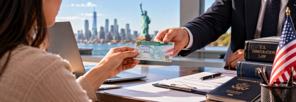 Cómo obtener la green card por trabajo: abogado entrega la tarjeta a su clienta