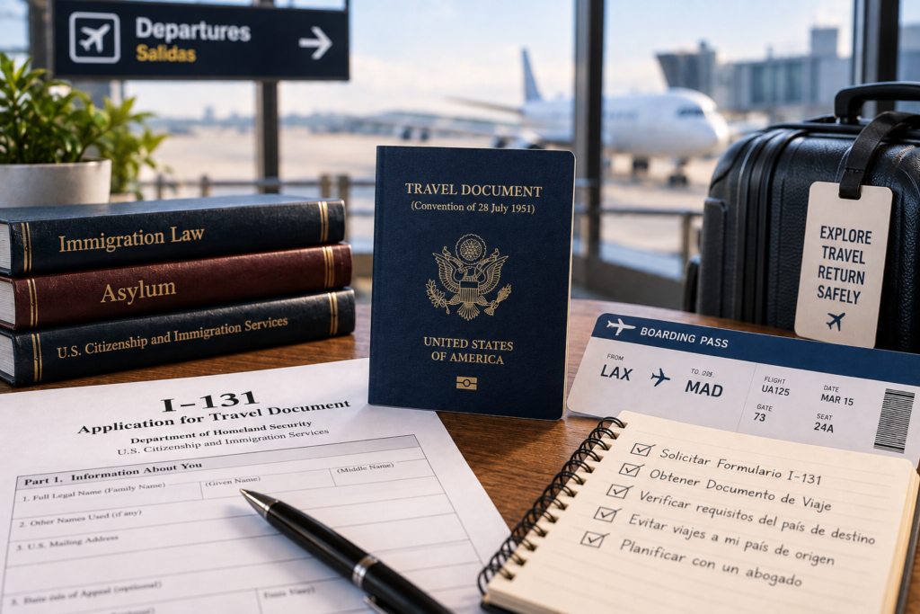 travel scene for an asylee featuring Form I-131, a Refugee Travel Document, boarding pass, suitcase, and airport departure setting.