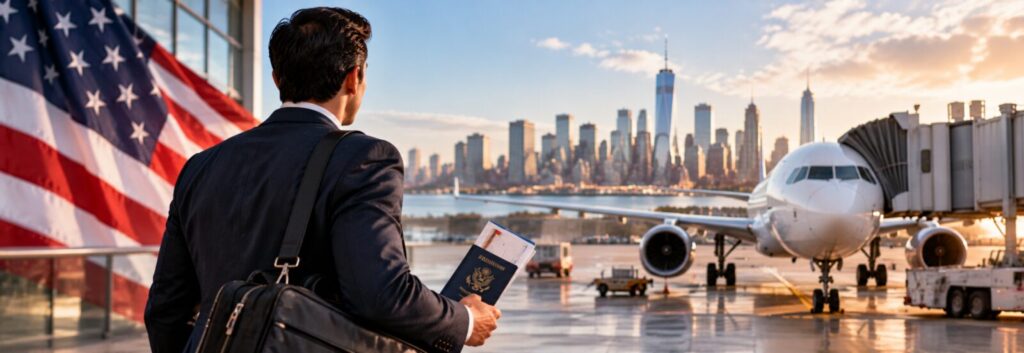 Visa de trabajo para Estados Unidos: profesional con pasaporte en el aeropuerto